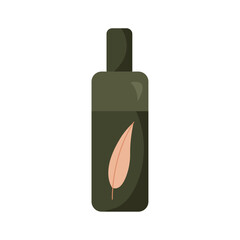 Green bottle with leaf design showcasing natural ingredients for hair care in a minimalistic style