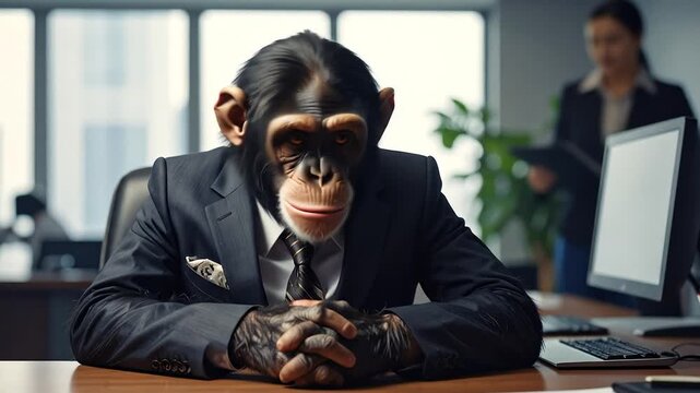 A chimpanzee in a suit sits at a desk, appearing to be in a business meeting, with a woman in the background.