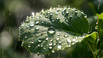 water drops on a green leaf