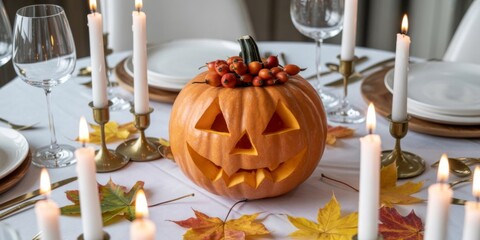 Harvest Table Ambiance: A Halloween centerpiece, a carved pumpkin exudes a warm glow amidst candlelight. Elegant glassware and autumn foliage create a sophisticated seasonal display for dining.