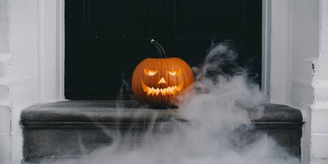 Eerie Halloween Scene: A carved pumpkin with a sinister grin glows on a doorstep, its presence amplified by mystical fog. This image evokes the spooky allure of autumn and festive Halloween spirit.