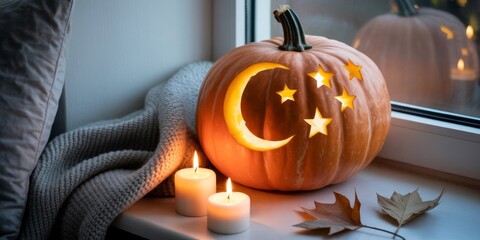Halloween Pumpkin Carving: An artistic and vibrant display featuring a beautifully carved pumpkin, adorned with crescent moon and star designs, basking in the warm glow of candlelight.
