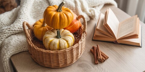 Autumnal Serenity: A charming arrangement of vibrant pumpkins and cinnamon sticks rest on a wooden table next to an open book, a soft, cozy blanket and woven basket complete this scene for autumn. 