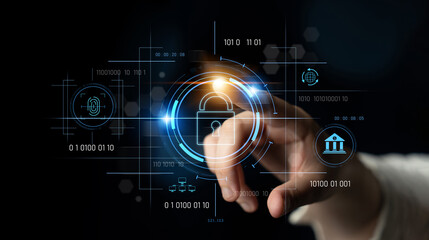 Cybersecurity system interface with biometric lock and data protection. Cybersecurity protects access, identity, cyber security prevents threats, and cyber security supports digital systems. Latch
