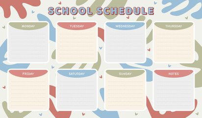 Vector school schedule template in boho colors. Timetable for schoolchildren, doodle cartoon design in bohemian style, weekly lesson planner with fluid blots, 7 days and note card