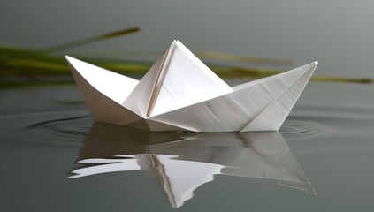 folded white paper boat floating gently on calm water