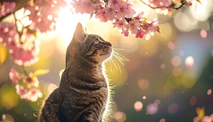 Tabby cat under cherry blossoms