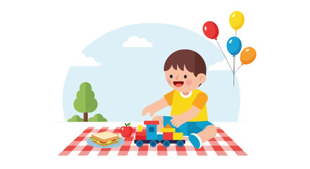 Happy little boy playing with toy train on a picnic blanket with balloons