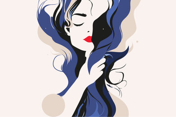 Abstract female portrait illustration with flowing blue hair and red lips