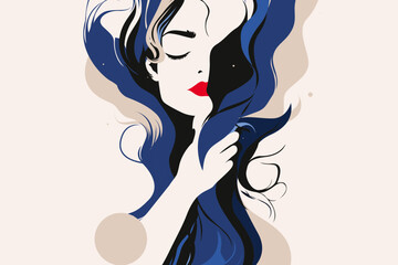 Abstract female portrait illustration with flowing blue hair and red lips