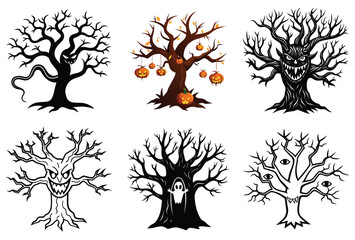 Spooky Halloween Scary Tree Silhouettes with Evil Faces – Vector Illustration Set
