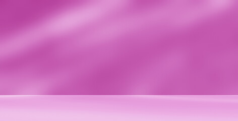 Fototapeta premium Empty purple pink studio room for product presentation with shadow of tree leaves on the wall. Interior concrete wall and floor design backdrop for displaying products. Shadow overlay effect.
