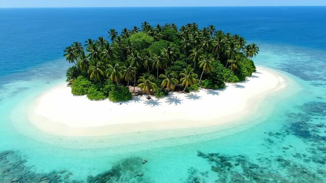 Gentle drone shot circling a small, remote tropical island with pristine white sand and crystal-clear turquoise waters, no signs of human activity no people, peaceful, epic