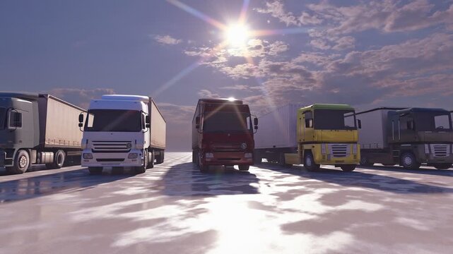 Professional carriers big rig semi trucks with semi trailers standing in row on truck stop parking lot. A line of modern commercial trucks in different colors at sunset for a logistics, transportation