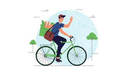 Fototapeta premium Illustration of a delivery man on a bicycle with groceries, waving to the viewer