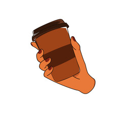 Hand holding a coffee cup with a brown sleeve in a simple style that emphasizes comfort and warmth during a coffee break
