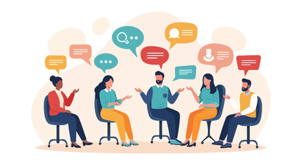Illustration of a Diverse Group of People in Discussion with Speech Bubbles