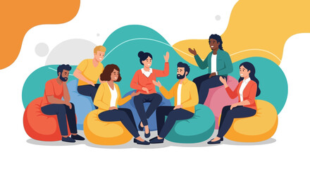 Illustration of a diverse group of people sitting and talking in a informal circle for interaction