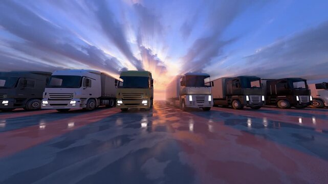 A row of big rig trucks during sun rise. 3D Rendering.
A fleet of modern semi-trucks with trailers lined up in a parking area at dusk or dawn.
Different big rig semi trucks tractors with semi trailers