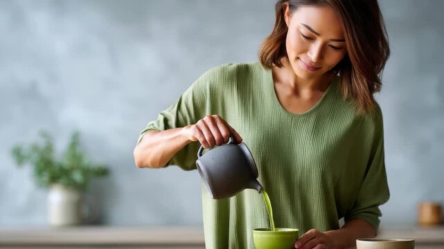 A serene young woman prepares matcha tea, focusing on the ritual of pouring the vibrant green beverage. The minimalist kitchen and natural light highlight wellness and mindfulness