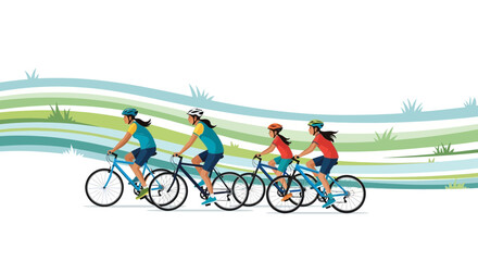 Obraz premium Illustration of a group of people riding bicycles with a green background in an active lifestyle