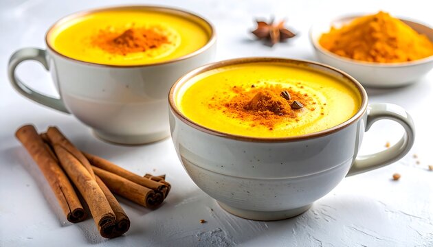 Two mugs of golden turmeric latte, adorned with cinnamon sticks, spice, and a touch of warm, inviting light, sit on a light background, showcasing a healthy and vibrant beverage.