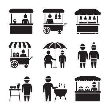 vector street vendor icon collection 9 black silhouettes ai eps png jpeg, mobile cart, burger stall, grill, customers