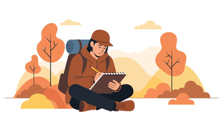 Illustration of a hiker taking notes during outdoor adventure in a nature scene