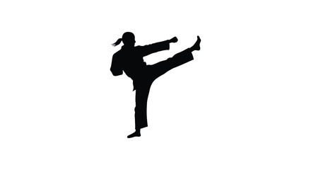 Dynamic silhouette of a woman performing a high kick in martial arts training