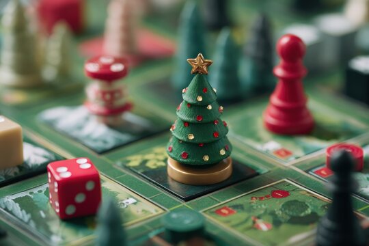 Festive holiday board game with miniature Christmas tree and dice