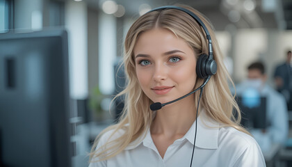 Professional and friendly customer service representative with headset ready to assist clients in a modern office environment with blurred colleagues in background