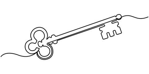 Continuous One line drawing of Antique Key. Symbolizing mystery with a minimalistic key design, Security concept continuous line art. Editable outline. 