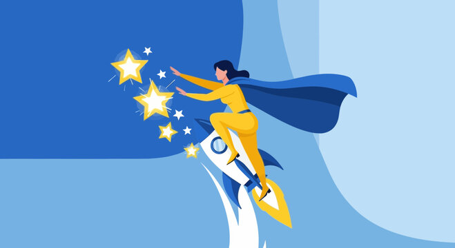 Heroine Reaching For Stars While Riding A Rocket In The Sky To Conquer