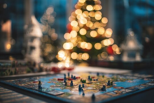 Cozy board game set up with festive Christmas tree lights creating a warm, inviting atmosphere.