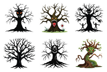 Scary Halloween Tree Faces Collection – Creepy Haunted Forest Vector Set
