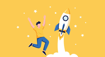 Illustration of a man excited about rocket launch, startup and business development success