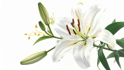 Obraz premium Elegant White Lily Flower Blossoming with Green Leaves on a Clean White Background High Detail Macro Photography for Spring and Summer Designs