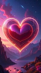 Heart in a glowing orb over a landscape