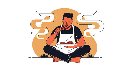 Illustrated Man Savoring Grilled Meat While Seated in Relaxed Lotus Position