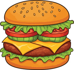 Cartoon Hamburger Illustration with Sesame Bun, Lettuce, Tomato, Pickles, Cheese, and Beef Patty – Stylized Fast Food Graphic for Menus, Branding, or Nutrition