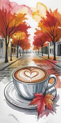 Fall cityscape with heart-shaped latte, autumn foliage and sketch-style buildings. Cozy urban illustration for seasonal projects, lifestyle branding or editorial content.