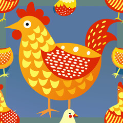 Whimsical folk art style chickens with colorful patterns Keywords: chicken, hen, chick, bird