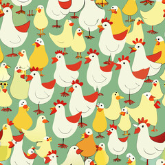 Whimsical Farm Birds Pattern with Chickens and Ducks
