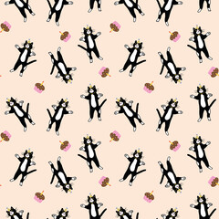 Tuxedo Cat Seamless Pattern - with Party Cats and Cupcakes – Cute Black and White Cat Birthday Celebration Design