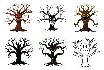 Scary Halloween Tree Faces Collection – Creepy Haunted Forest Vector Set
