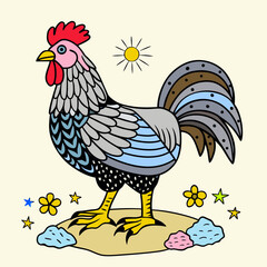 Gray and Blue Rooster with Colorful Flowers and Stars Keywords: rooster, chicken, bird, fowl