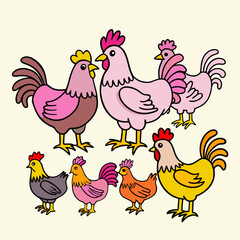 Hand- Drawn Style Roosters and Hens in Pastel Colors