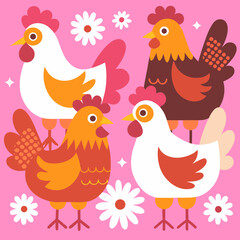 Four Stylized Chickens and Daisies on Pink rooster