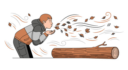 Illustration of a boy blowing leaves during autumn with a wooden log design