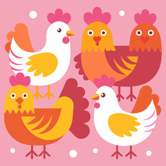 Five Colorful Cartoon Chickens on Pink rooster poultry